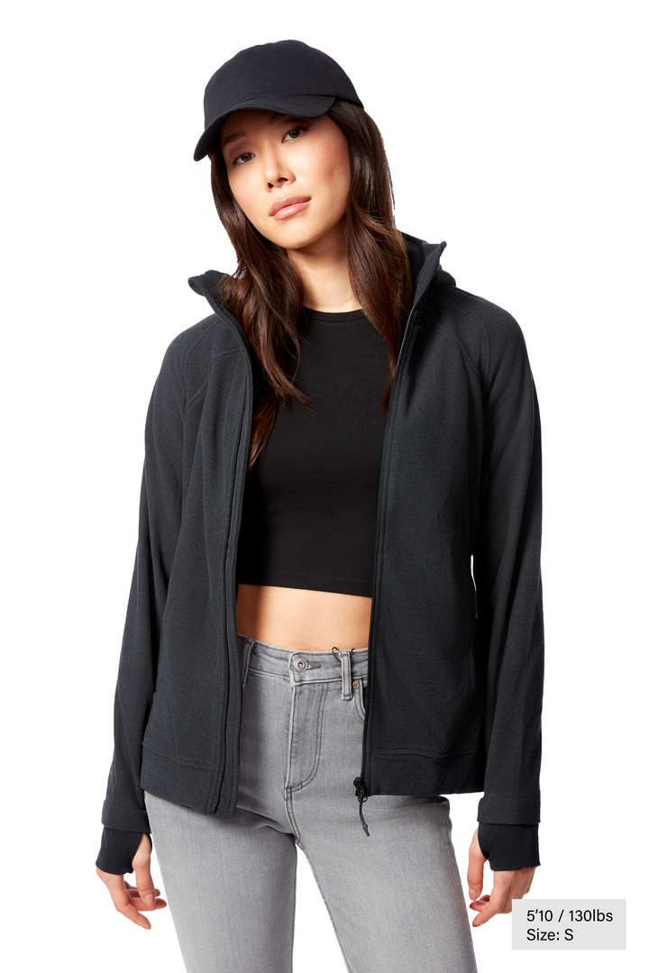 WOMEN'S FLEECE FULL ZIP SWEATER, BLACK HEATHER