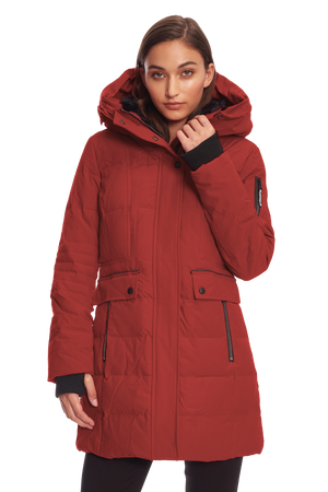KOOTNEY | WOMEN'S VEGAN DOWN (RECYCLED) MID-LENGTH PARKA, CRIMSON