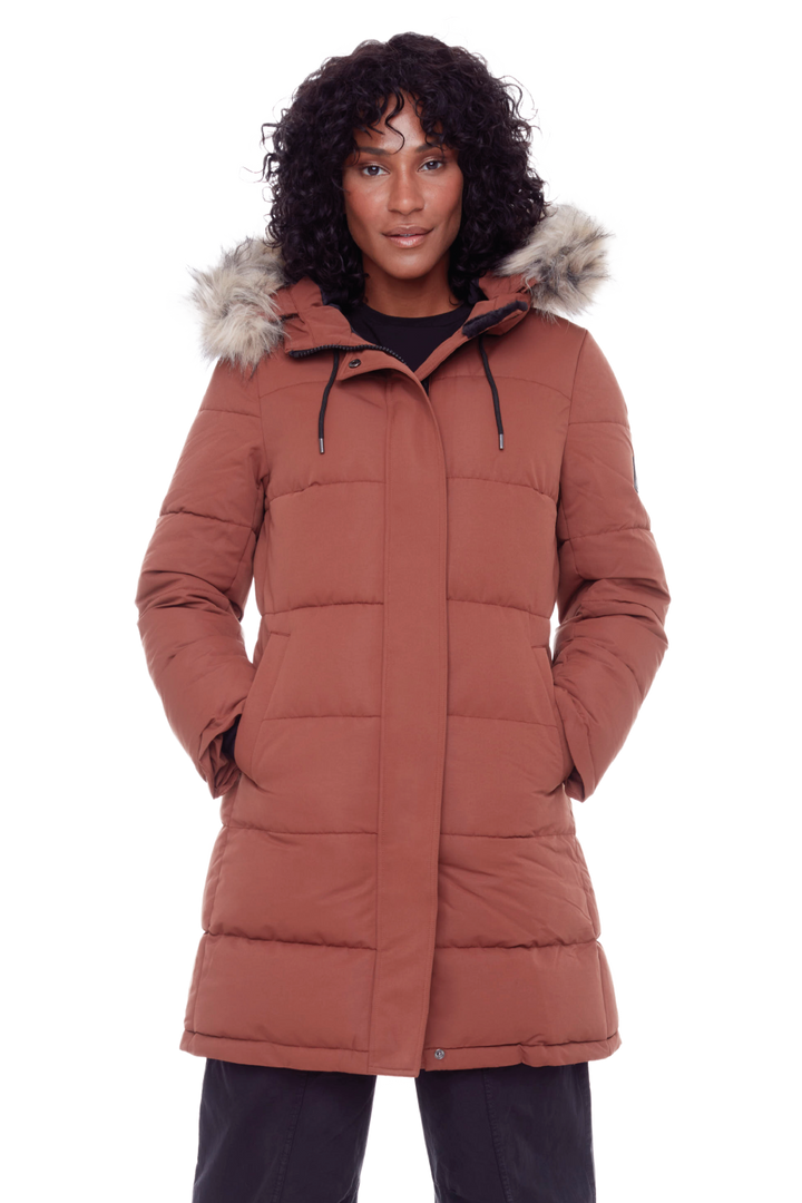 AULAVIK | WOMEN'S VEGAN DOWN (RECYCLED) MID-LENGTH HOODED PARKA COAT, MAPLE