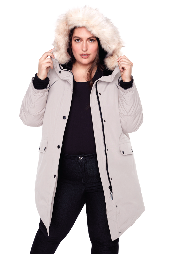 LAURENTIAN PLUS | WOMEN'S VEGAN DOWN (RECYCLED) LONG PARKA, TAUPE (PLUS SIZE)
