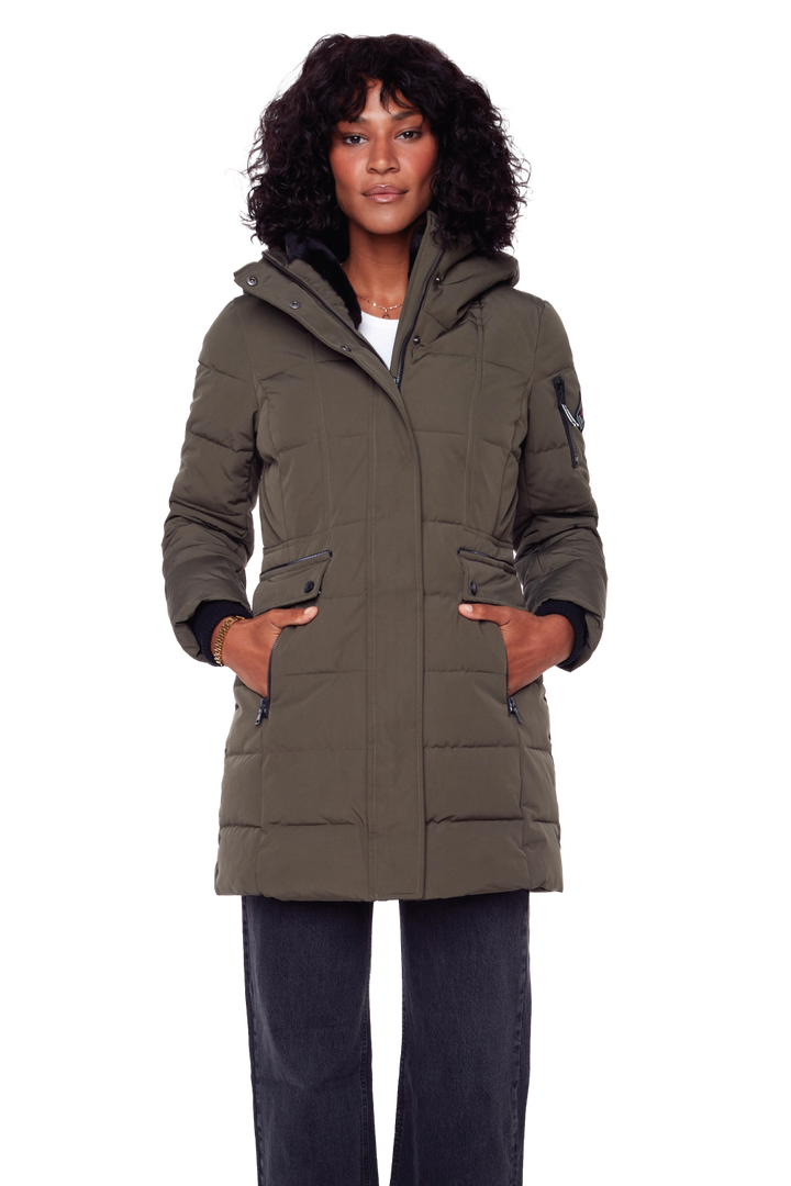 KOOTNEY | WOMEN'S VEGAN DOWN (RECYCLED) MID-LENGTH PARKA, OLIVE
