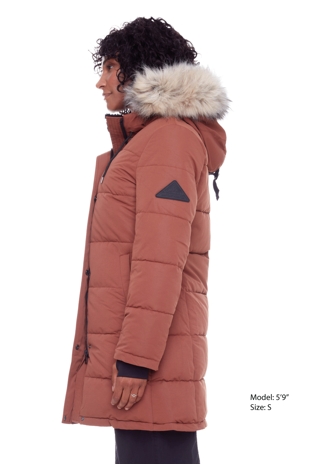 AULAVIK | WOMEN'S VEGAN DOWN (RECYCLED) MID-LENGTH HOODED PARKA COAT, MAPLE
