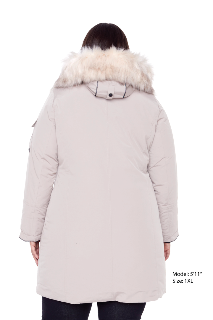 LAURENTIAN PLUS | WOMEN'S VEGAN DOWN (RECYCLED) LONG PARKA, TAUPE (PLUS SIZE)