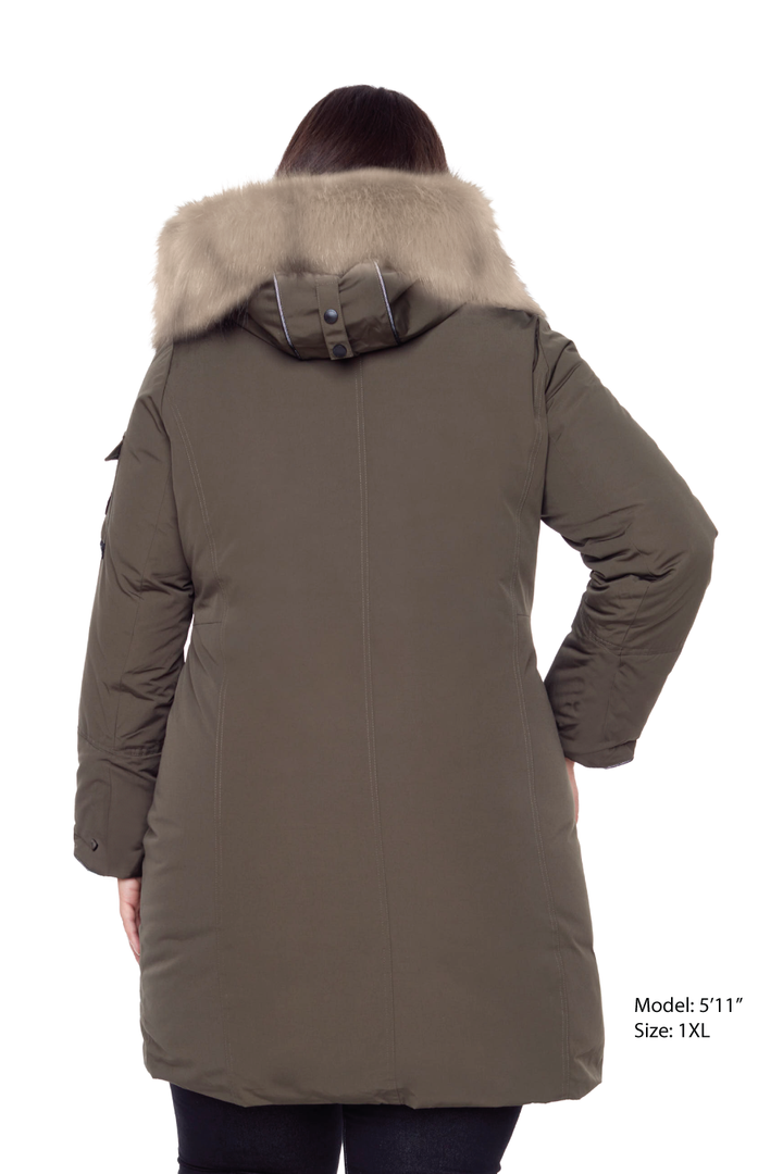 LAURENTIAN PLUS | WOMEN'S VEGAN DOWN (RECYCLED) LONG PARKA, OLIVE (PLUS SIZE)