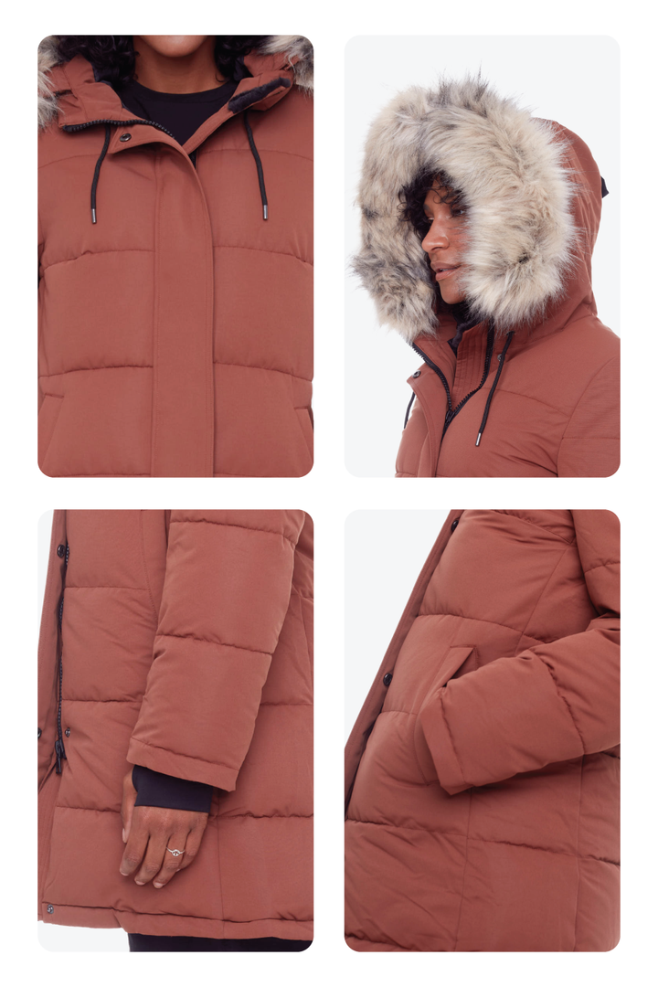 AULAVIK | WOMEN'S VEGAN DOWN (RECYCLED) MID-LENGTH HOODED PARKA COAT, MAPLE