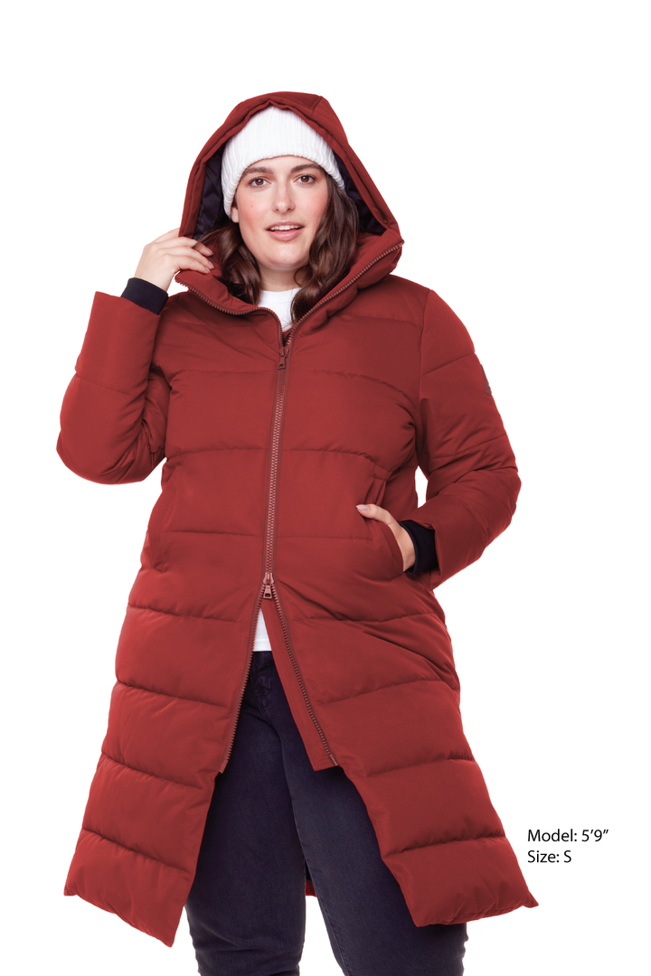 KLUANE PLUS | WOMEN'S VEGAN DOWN (RECYCLED) ULTRA LONG LENGTH PARKA, DEEP RED (PLUS SIZE)