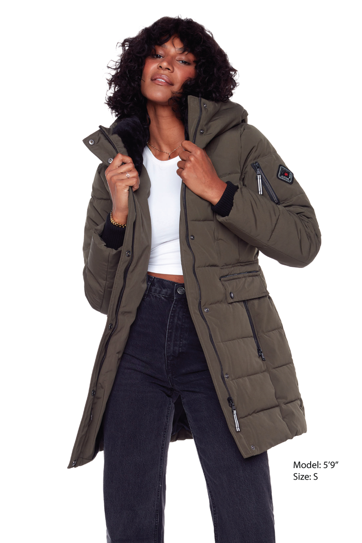 KOOTNEY | WOMEN'S VEGAN DOWN (RECYCLED) MID-LENGTH PARKA, OLIVE