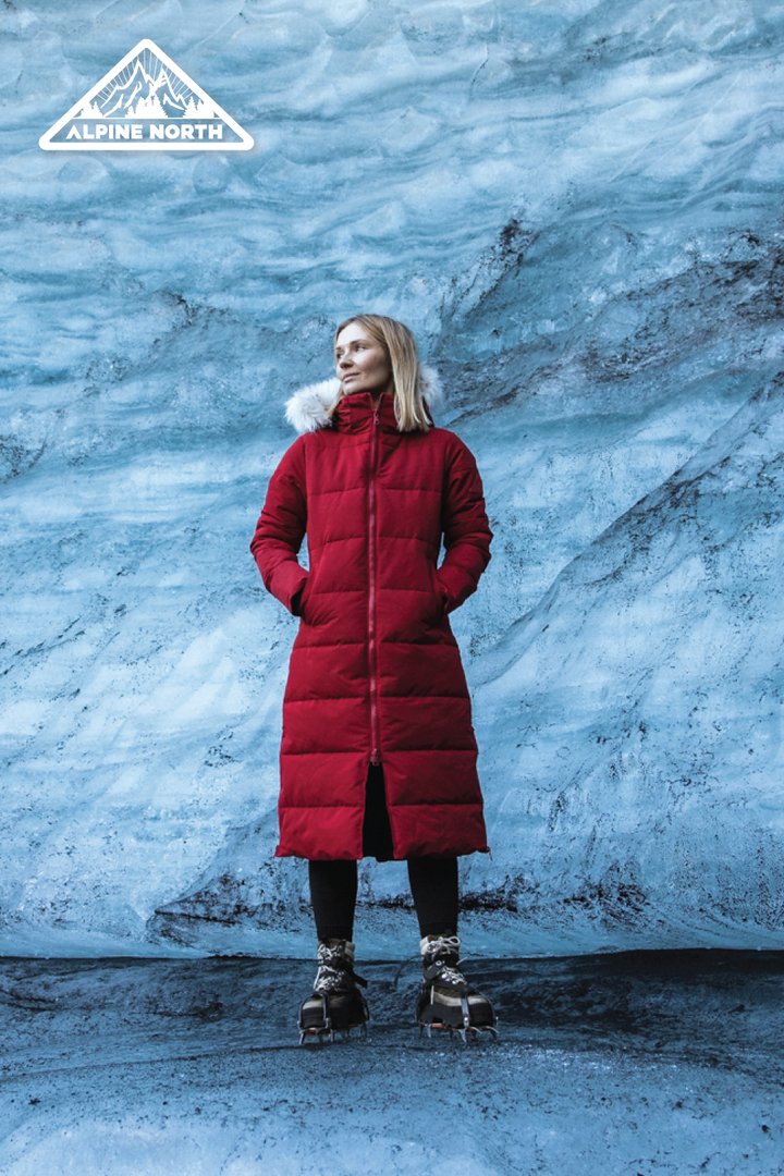 KLUANE | WOMEN'S VEGAN DOWN (RECYCLED) ULTRA LONG LENGTH PARKA, DEEP RED