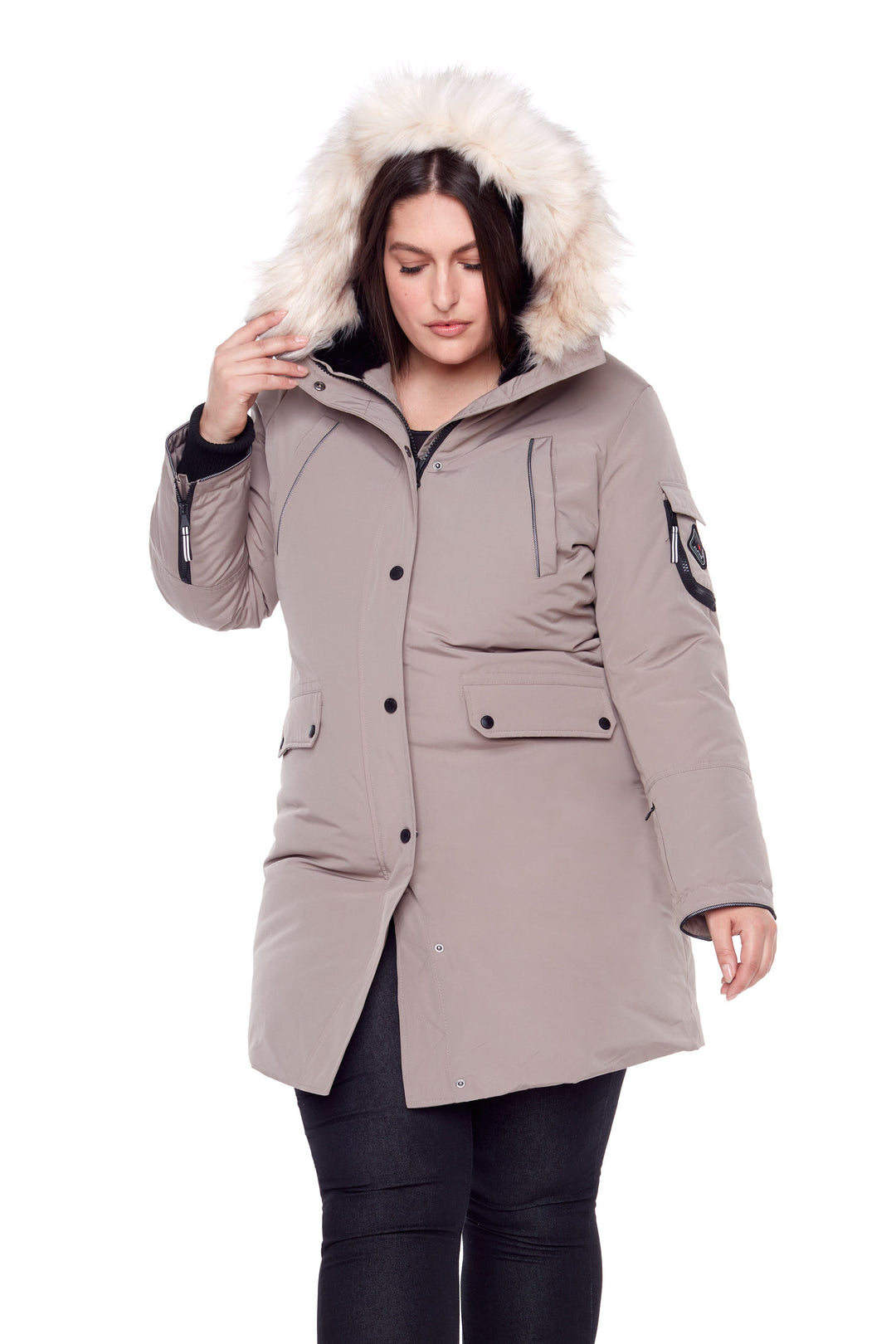 WOMEN'S VEGAN DOWN (RECYCLED) LONG PARKA, TAUPE (PLUS SIZE)