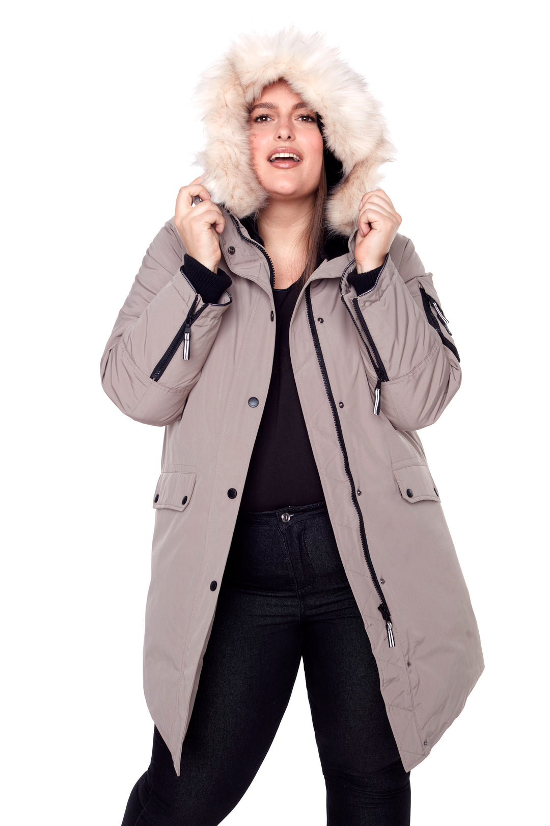 WOMEN'S VEGAN DOWN (RECYCLED) LONG PARKA, TAUPE (PLUS SIZE)
