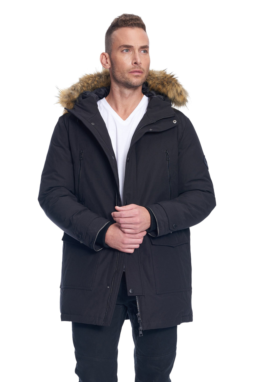 MEN'S VEGAN DOWN DRAWSTRING PARKA, BLACK
