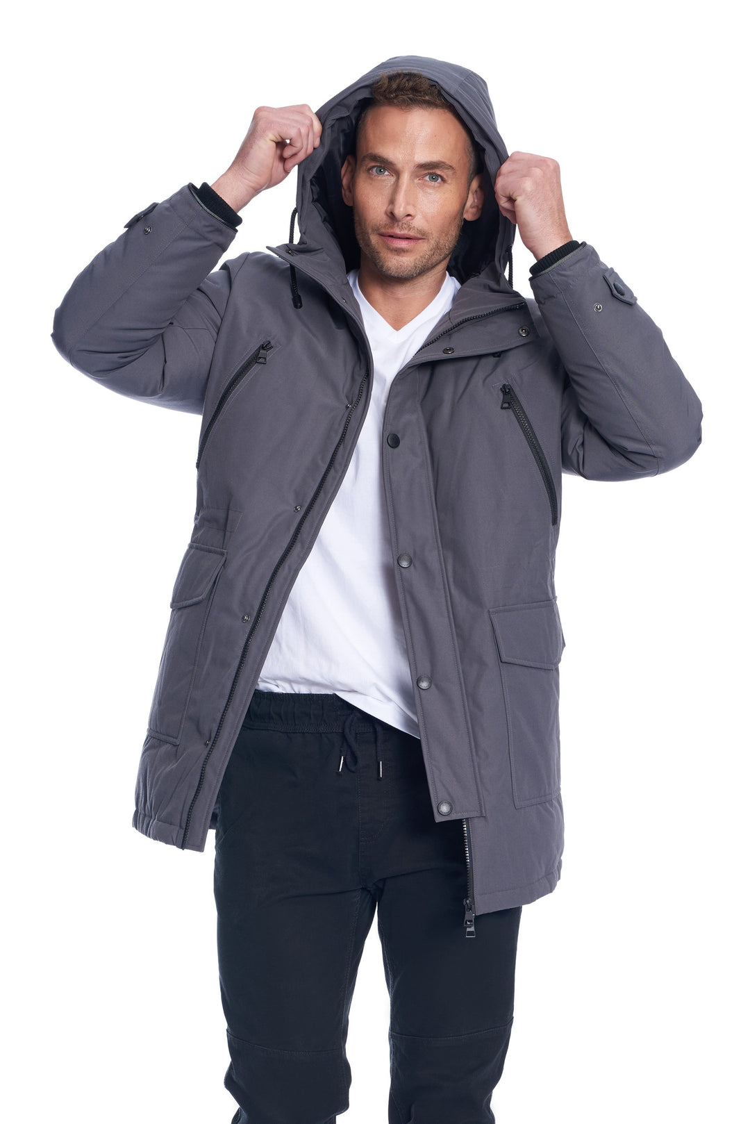 MEN'S VEGAN DOWN DRAWSTRING PARKA, DARK GREY