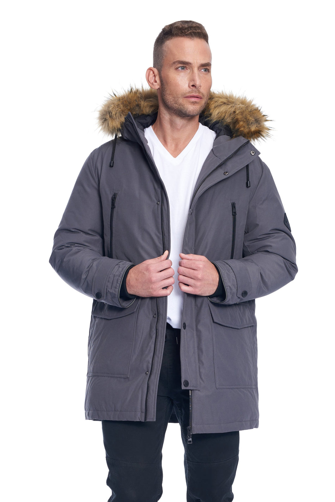 MEN'S VEGAN DOWN DRAWSTRING PARKA, DARK GREY