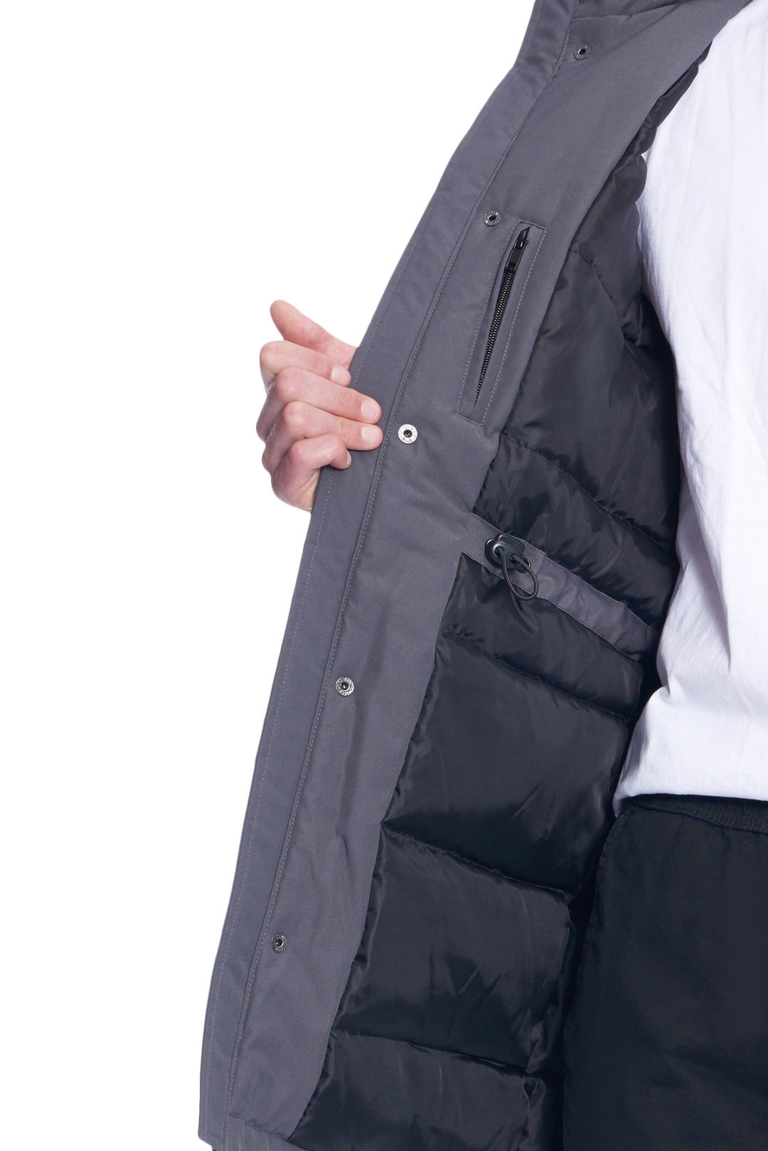 MEN'S VEGAN DOWN DRAWSTRING PARKA, DARK GREY