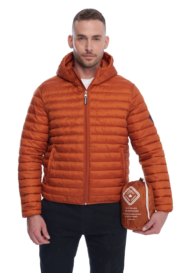 MEN'S VEGAN DOWN LIGHTWEIGHT PACKABLE PUFFER, BURNT ORANGE