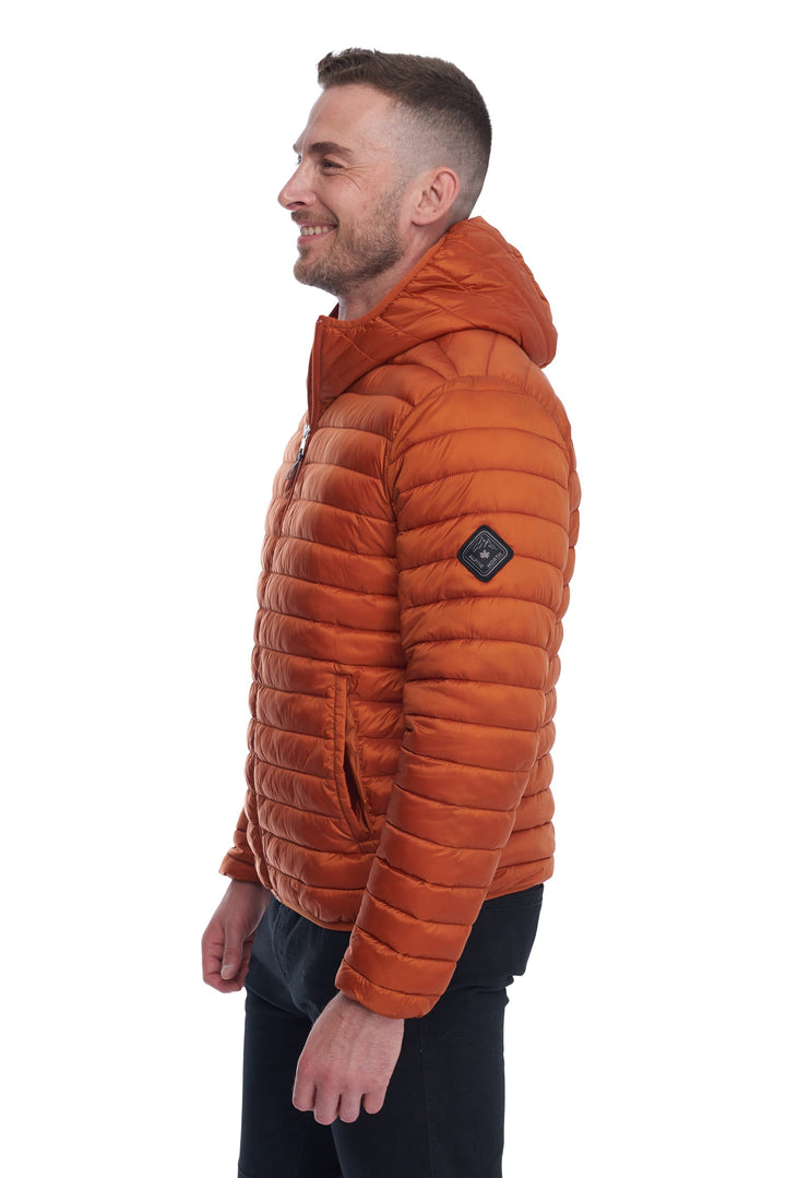 MEN'S VEGAN DOWN LIGHTWEIGHT PACKABLE PUFFER, BURNT ORANGE